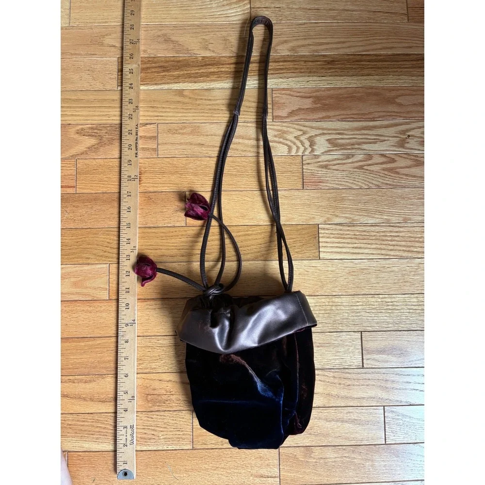 Italian Velvet Drawstring Pouch Bag Blue Burgundy Metallic Leather Floral Charm